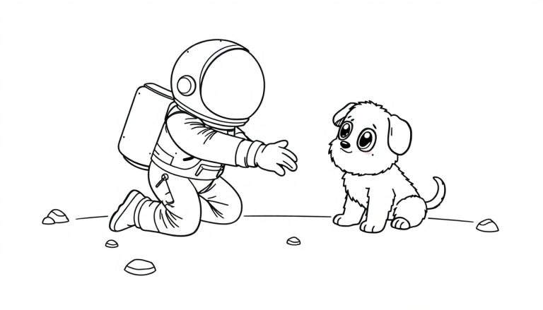 Astronauta de Among Us coloreable con un perrito espacial en la luna.