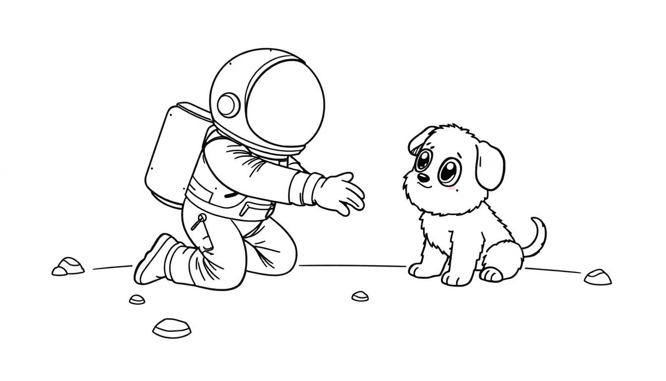 Astronauta de Among Us coloreable con un perrito espacial en la luna.