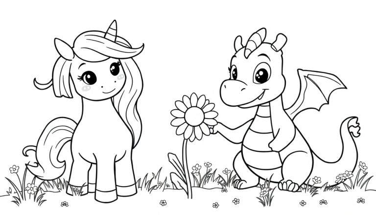 Placa de color de un unicornio amigable ofreciendo una flor a un dragón amigable.