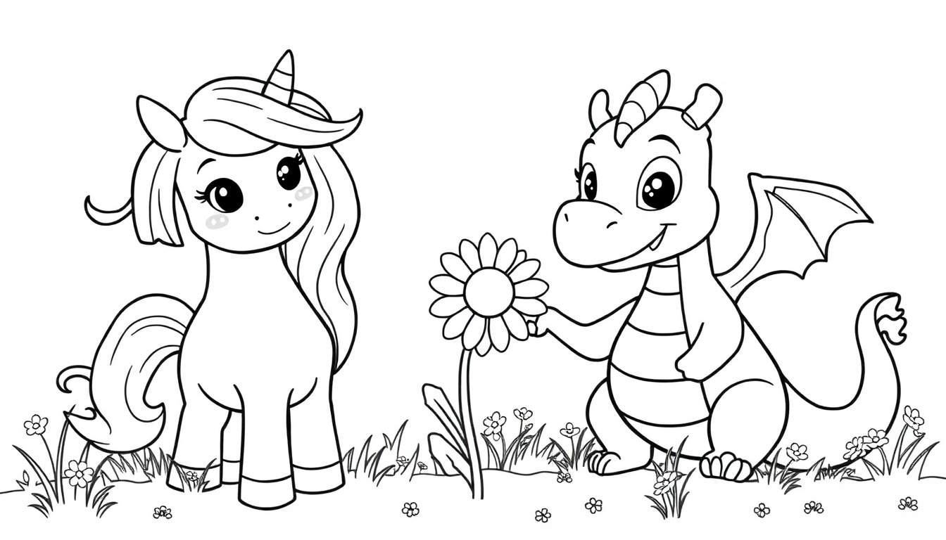 Placa de color de un unicornio amigable ofreciendo una flor a un dragón amigable.