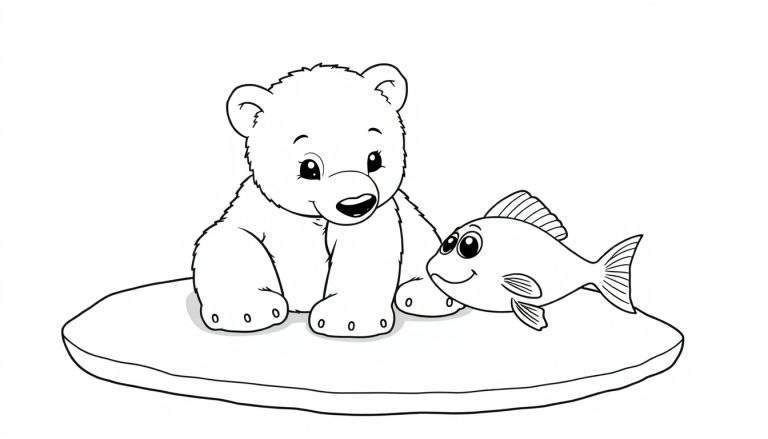 Placa de color de oso polar amigable con un pez en blanco y negro.