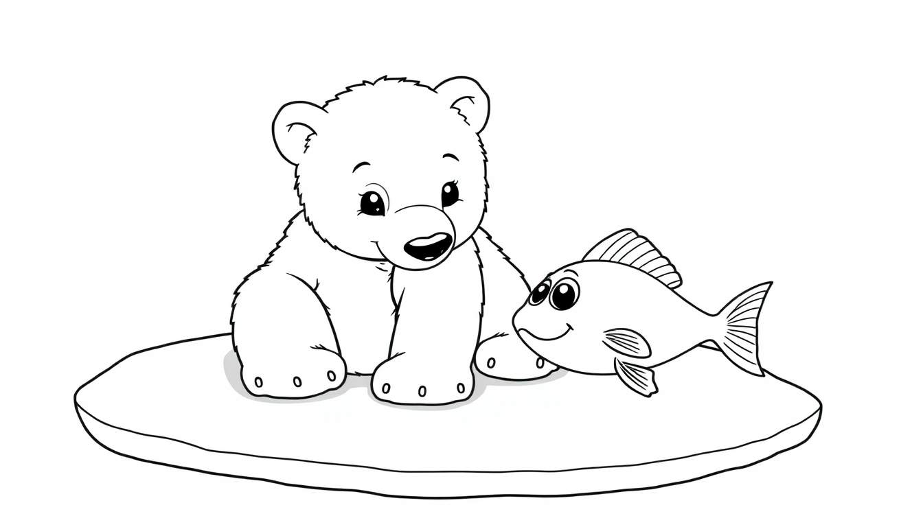 Placa de color de oso polar amigable con un pez en blanco y negro.