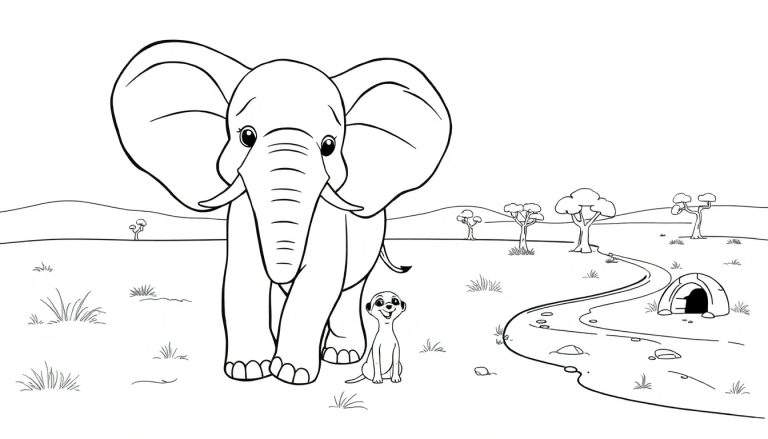 Placa de color de un elefante amigable y un suricato en la sabana africana.
