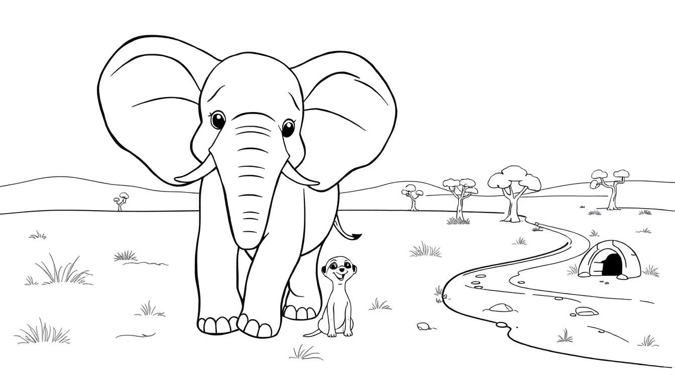 Placa de color de un elefante amigable y un suricato en la sabana africana.