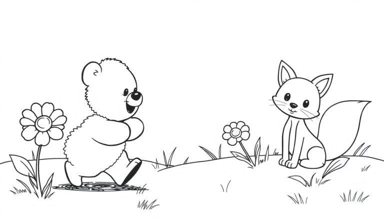 Placa de color de un oso de peluche y un zorro jugando juntos.
