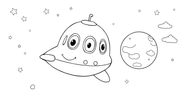Un platillo volador sonriente con tres ojos, volando junto a un planeta con cráteres, rodeado de estrellas, listo para ser coloreado.