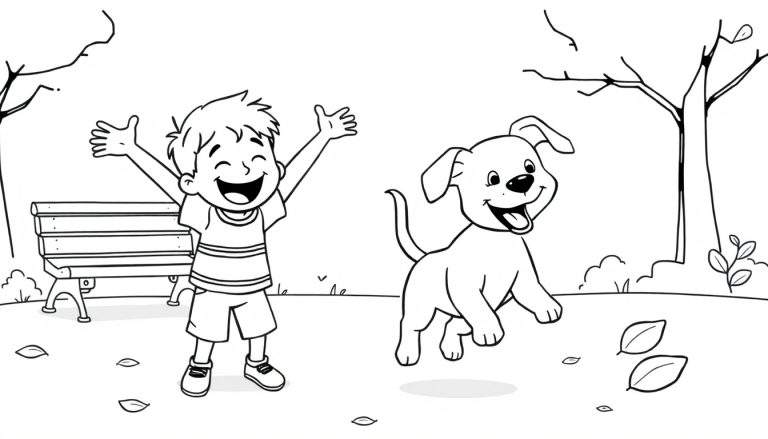 Placa de color de un niño y un perro jugando en un parque en otoño.