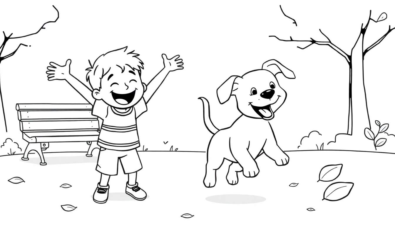 Placa de color de un niño y un perro jugando en un parque en otoño.