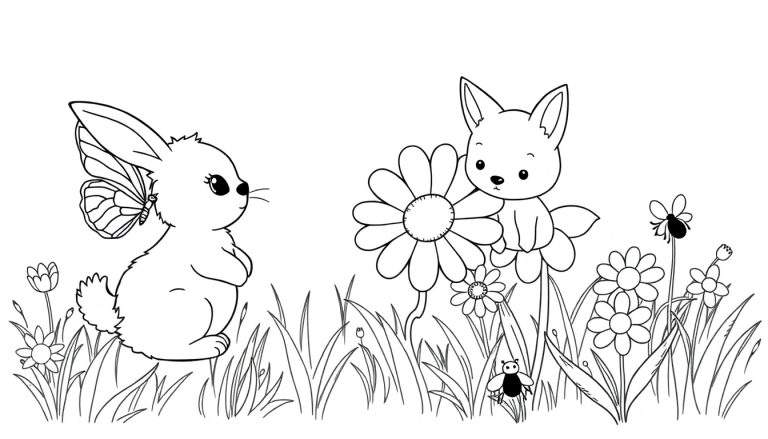 Placa de color con un conejo y un cachorro jugando entre flores.