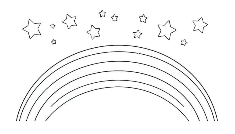 Página para colorear de un arcoíris con estrellas, para colorear la placa.