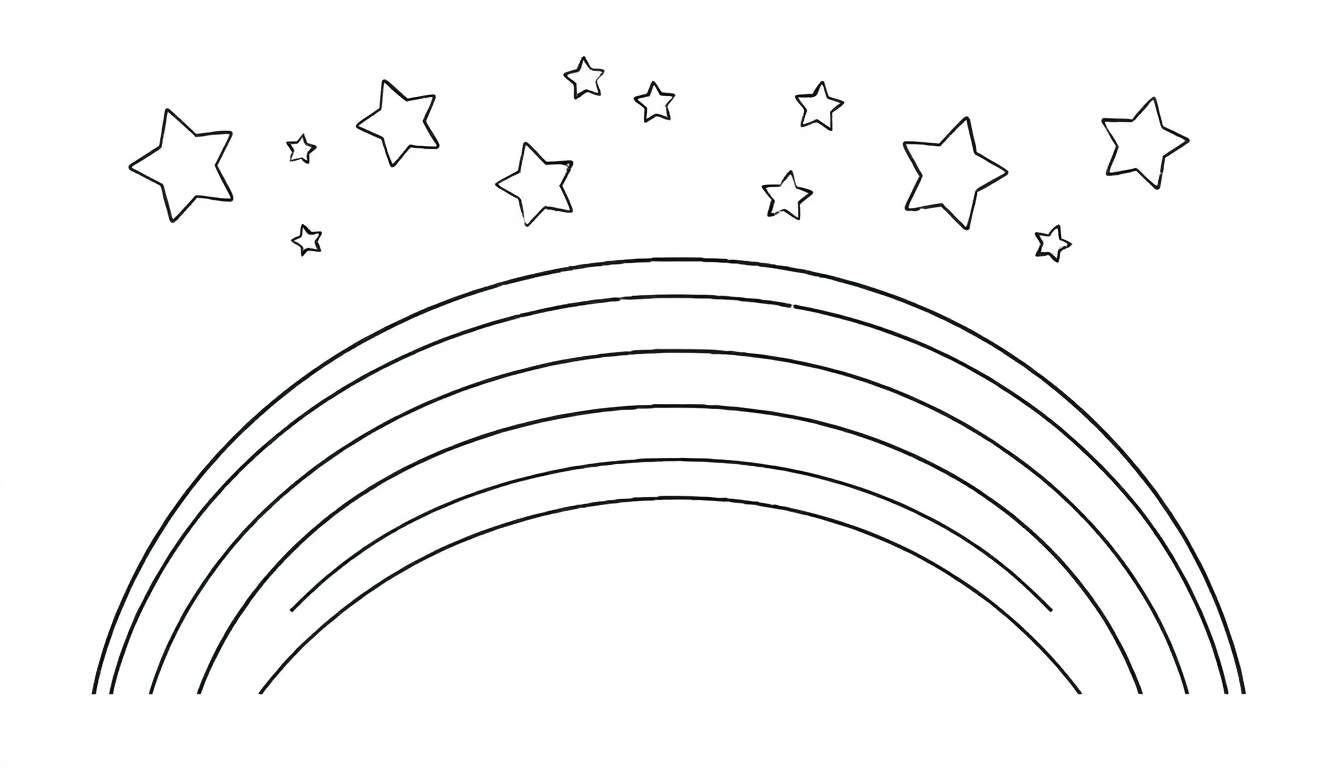 Página para colorear de un arcoíris con estrellas, para colorear la placa.