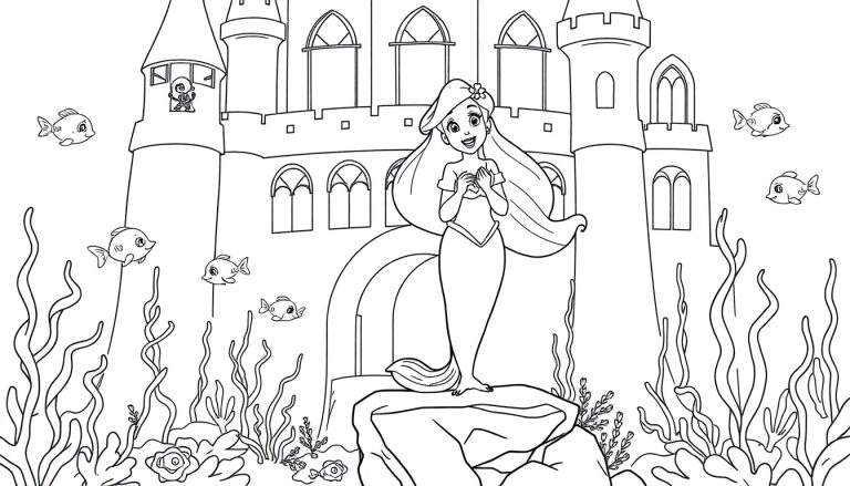 Placa de color de Ariel cantando junto a su castillo submarino, con peces y algas marinas alrededor.