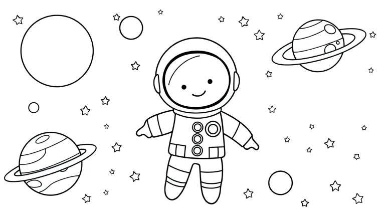 Placa de color de un astronauta sonriente en el espacio rodeado de planetas y estrellas.