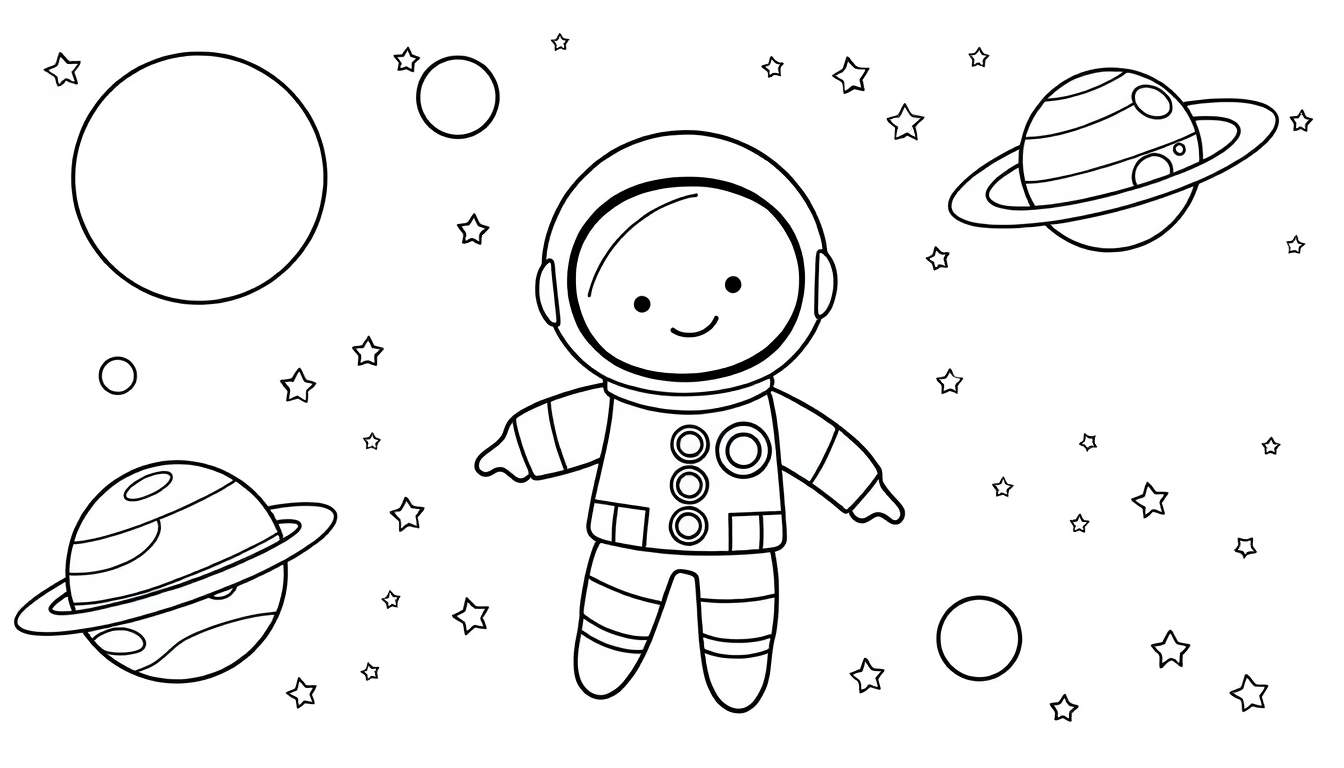 Placa de color de un astronauta sonriente en el espacio rodeado de planetas y estrellas.