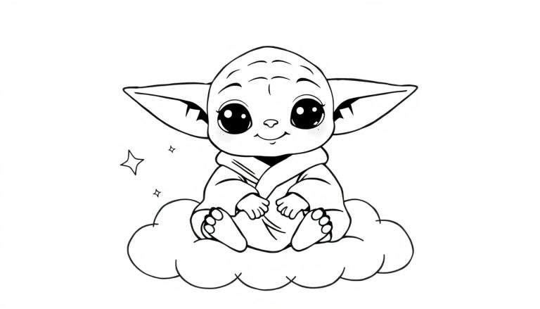 Placa de color de Baby Yoda sentado en una nube con estrellas.