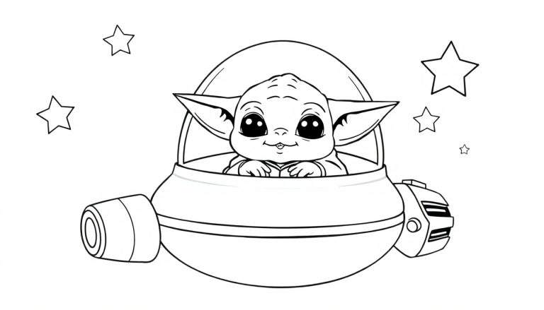Bebé Yoda en su cápsula flotante, listo para una placa de color, rodeado de estrellas.