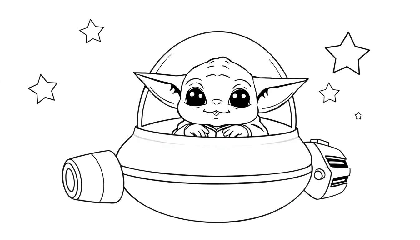 Bebé Yoda en su cápsula flotante, listo para una placa de color, rodeado de estrellas.