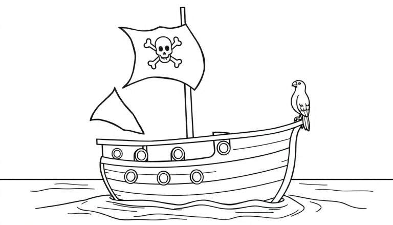 Una placa de color con un barco pirata amistoso y un loro.