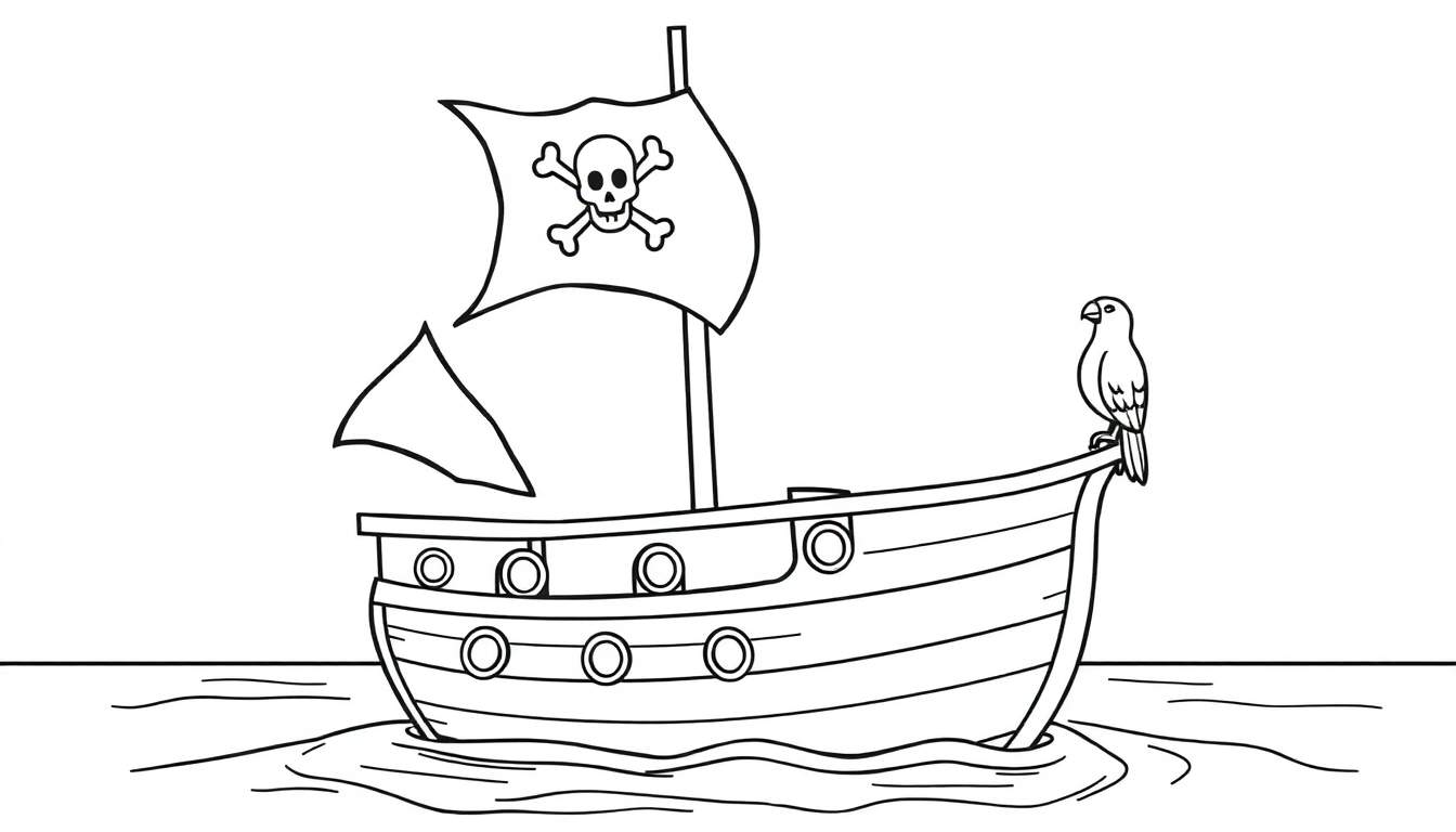 Una placa de color con un barco pirata amistoso y un loro.