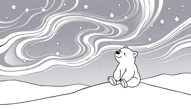 Placa de color de un oso polar de dibujos animados sentado bajo auroras boreales.