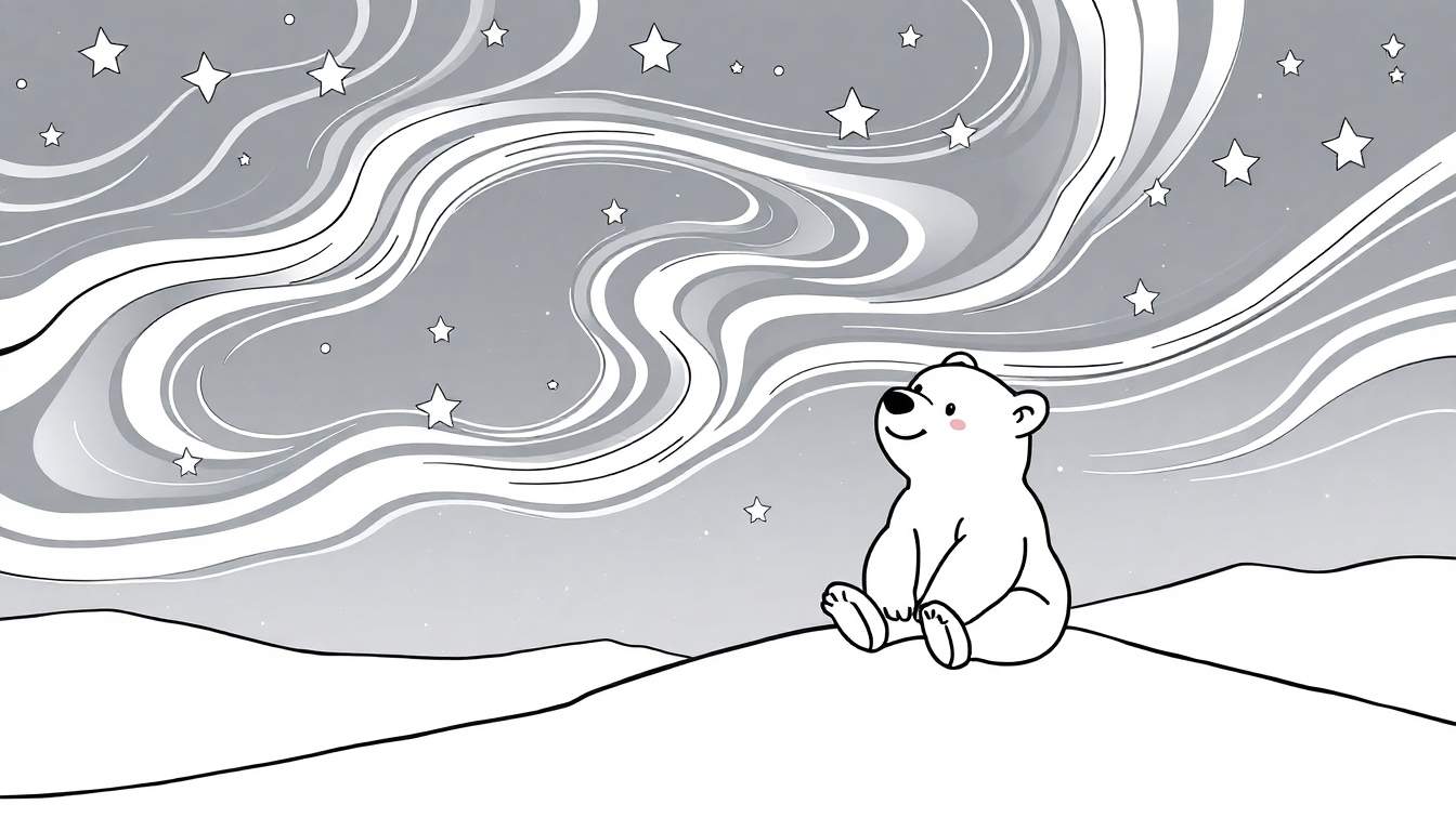 Placa de color de un oso polar de dibujos animados sentado bajo auroras boreales.