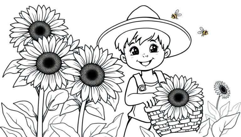 Placa de color de un niño recogiendo girasoles con abejas.