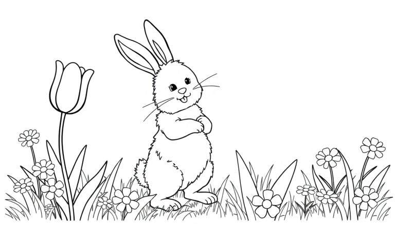 Placa de color de un conejo de Pascua con orejas largas, brazos cruzados, sonriendo con la lengua afuera, rodeado de flores de primavera en un prado.