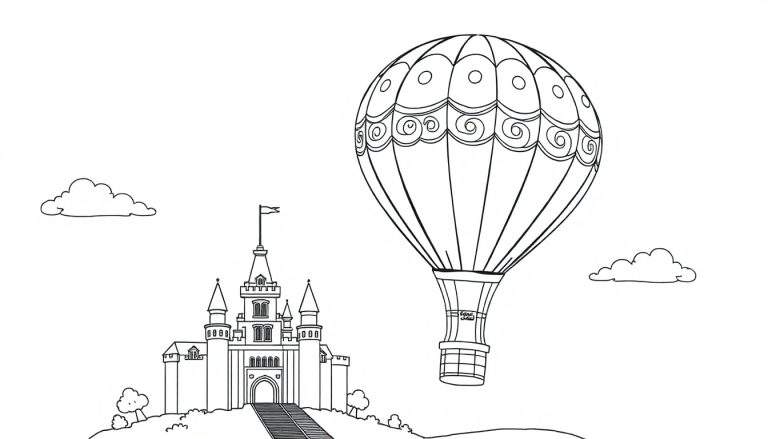 Una placa de color con un castillo y un globo aerostático.