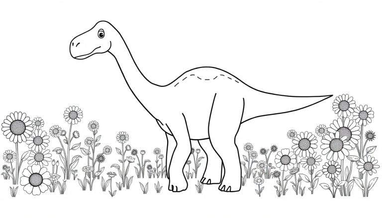 Placa de color de un dinosaurio braquiosaurio amigable con cuello largo en un campo de flores.
