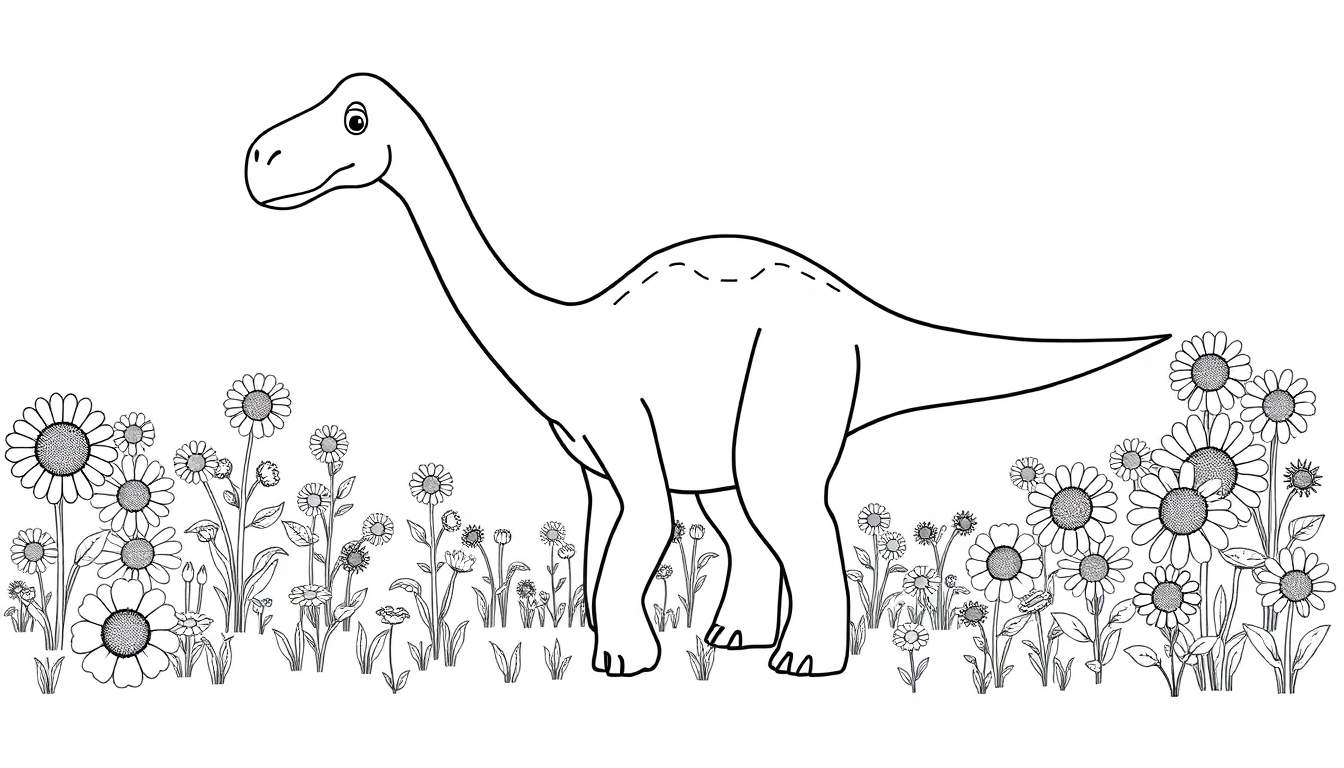 Placa de color de un dinosaurio braquiosaurio amigable con cuello largo en un campo de flores.