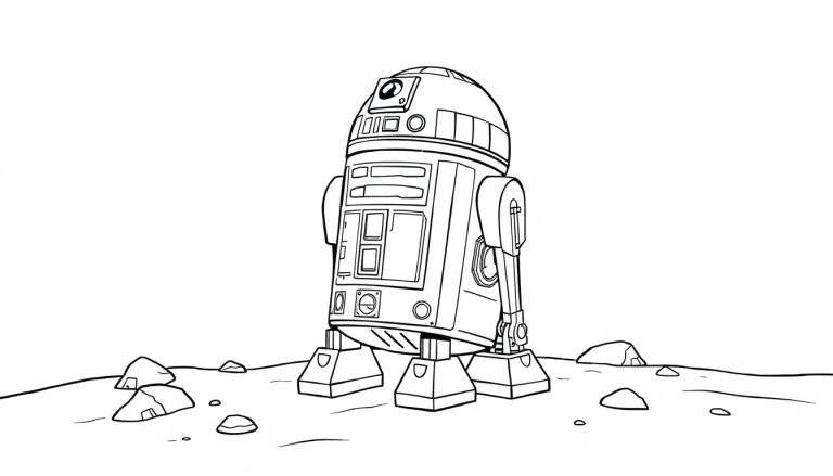 Placa de color de R2-D2 en una superficie rocosa.