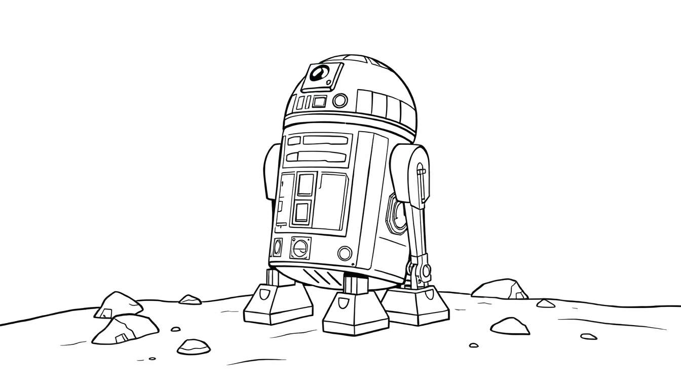 Placa de color de R2-D2 en una superficie rocosa.