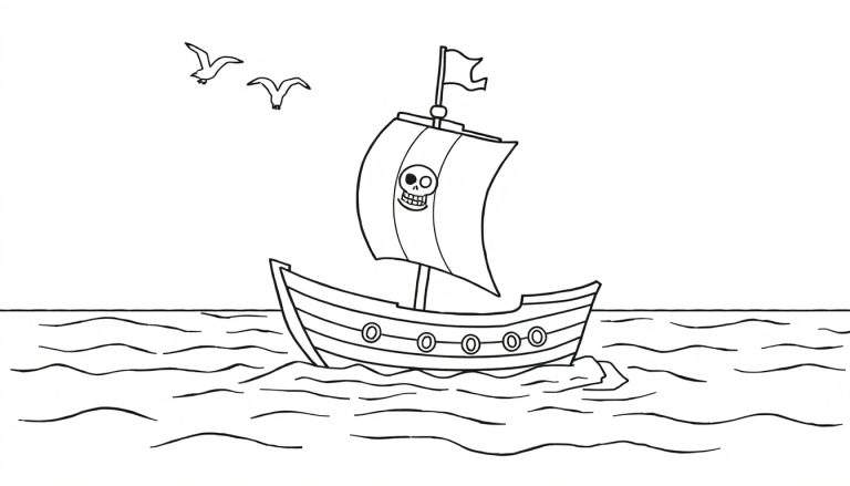 Un dibujo de placa de color de un barco pirata amigable con una calavera y tibias cruzadas en la vela, navegando en el mar con gaviotas, listo para colorear.