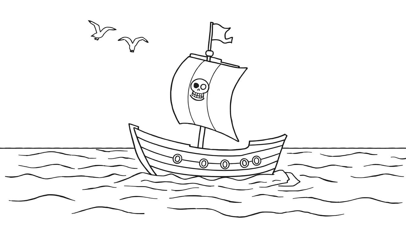 Un dibujo de placa de color de un barco pirata amigable con una calavera y tibias cruzadas en la vela, navegando en el mar con gaviotas, listo para colorear.