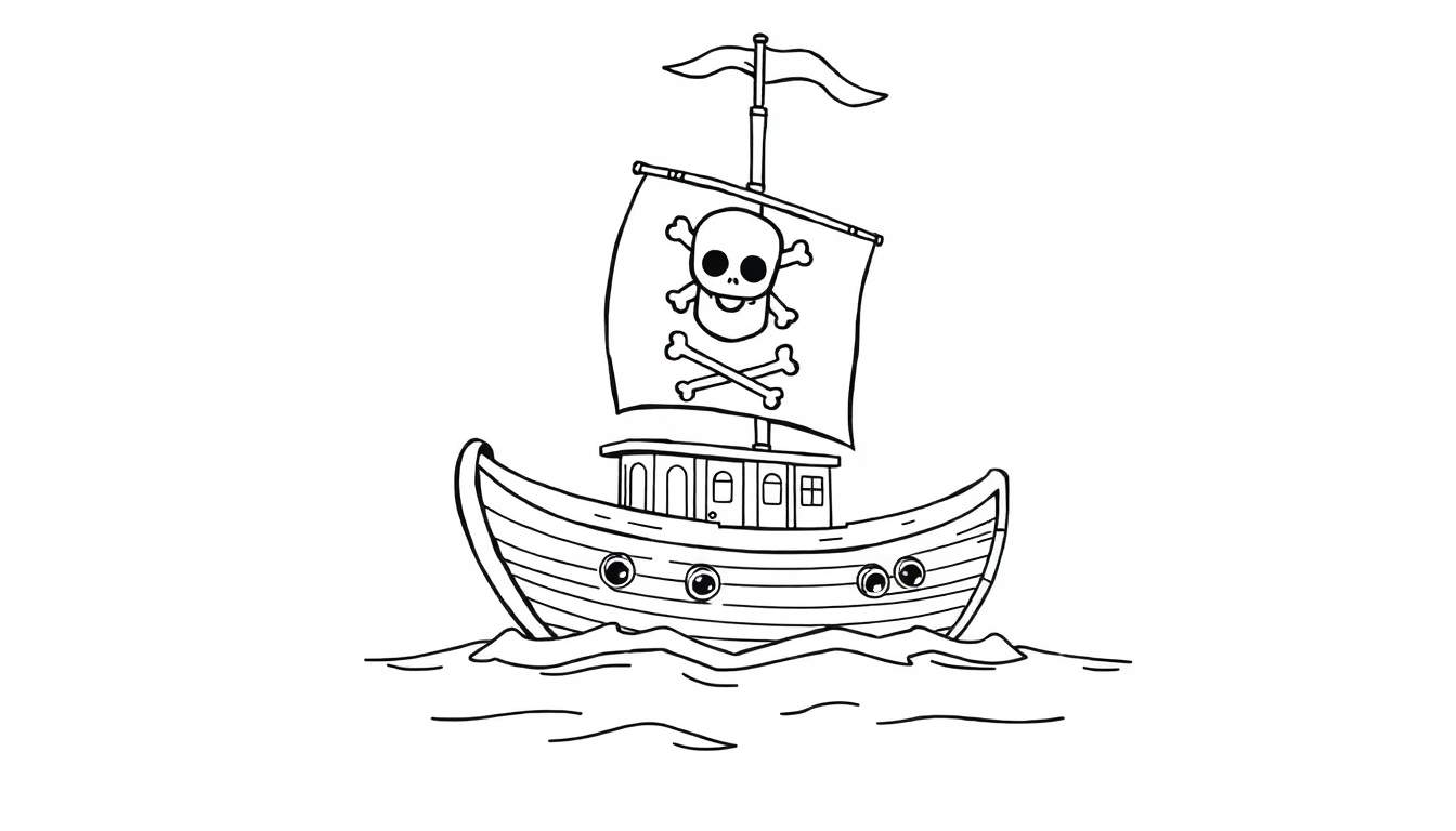 Placa de color de un barco pirata caricaturesco navegando en el mar.
