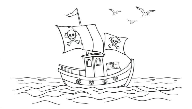 Placa de color de un barco pirata con calavera y tibias cruzadas navegando en el mar con gaviotas.
