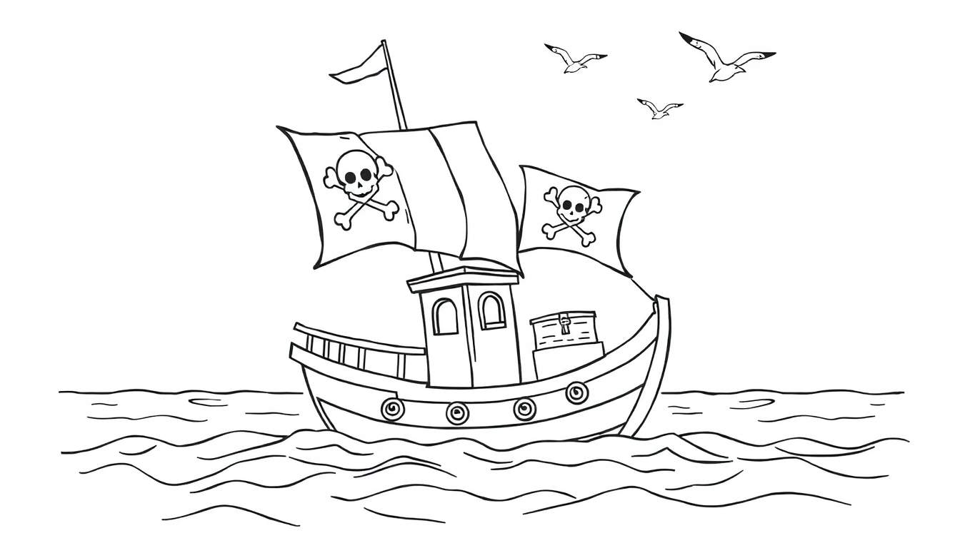 Placa de color de un barco pirata con calavera y tibias cruzadas navegando en el mar con gaviotas.
