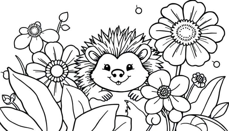 Placa de color con un erizo adorable entre flores.