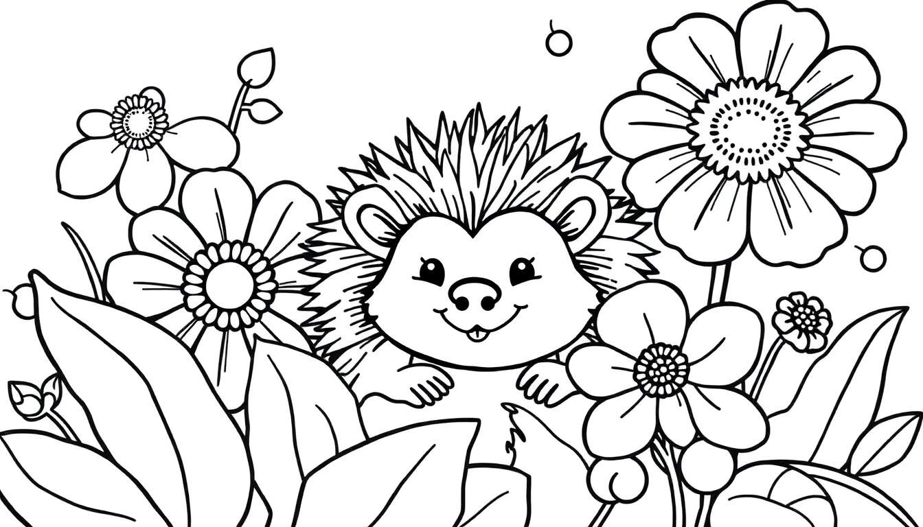 Placa de color con un erizo adorable entre flores.