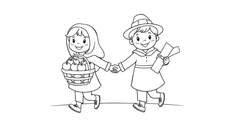 Dos niños sonriendo, uno con una cesta de manzanas y el otro con un mapa, sonriendo en una placa de color para colorear.