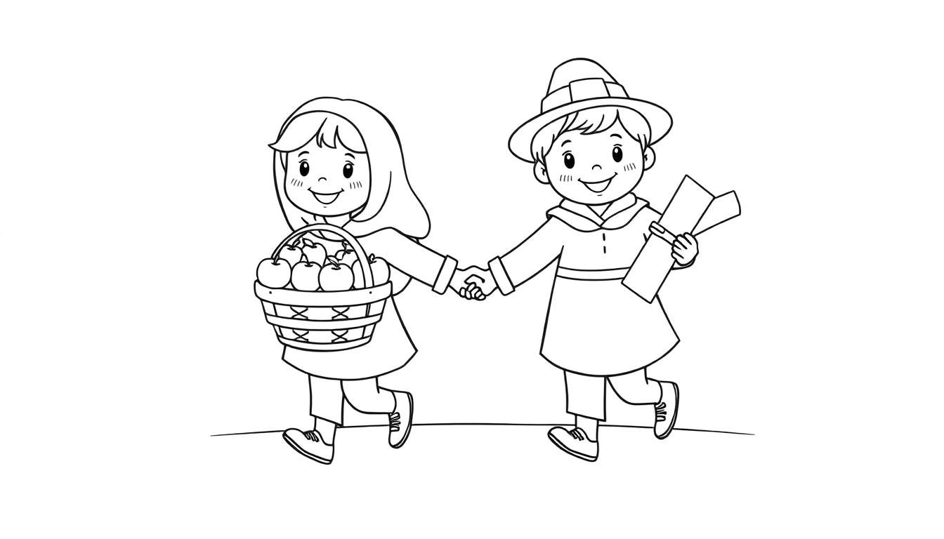 Dos niños sonriendo, uno con una cesta de manzanas y el otro con un mapa, sonriendo en una placa de color para colorear.
