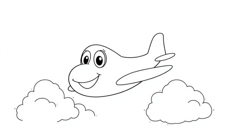 Placa de color de un avión sonriente volando entre nubes.