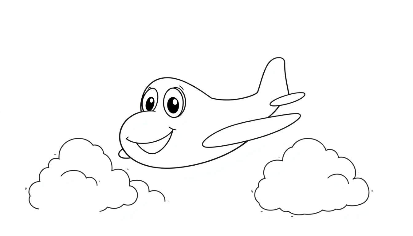 Placa de color de un avión sonriente volando entre nubes.