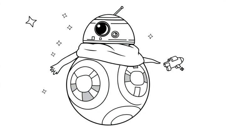 Placa de color: un droide con forma de BB-8 flotando en el espacio con una bufanda y una pistola láser, rodeado de estrellas.