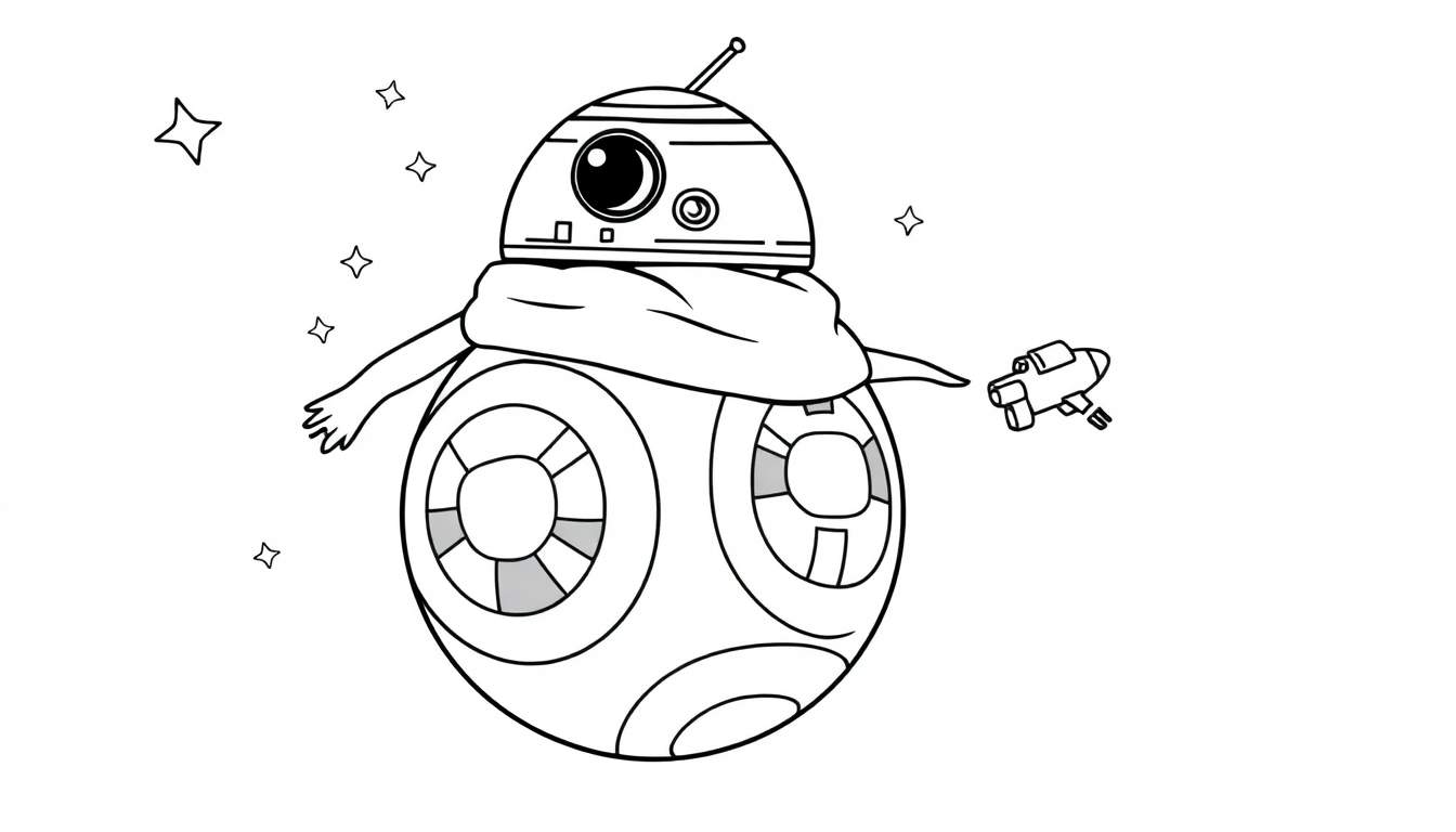 Placa de color: un droide con forma de BB-8 flotando en el espacio con una bufanda y una pistola láser, rodeado de estrellas.