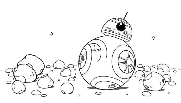 Placa de color de BB-8 en un campo de rocas.