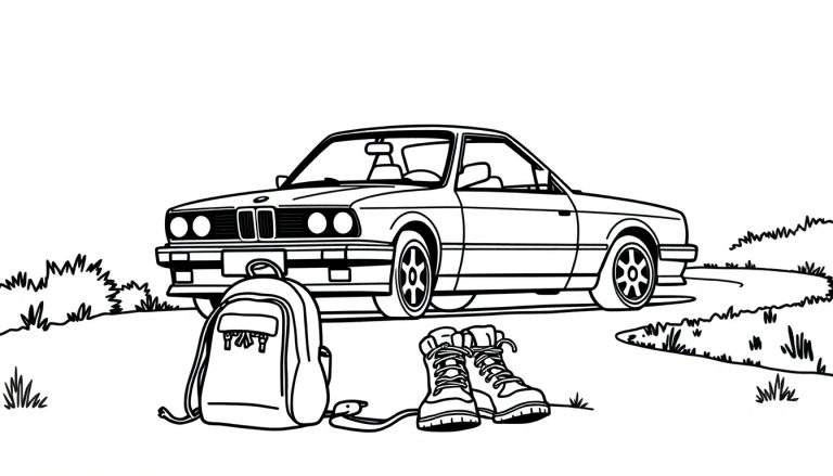 Placa de color con un coche BMW E30, mochila y botas de senderismo.