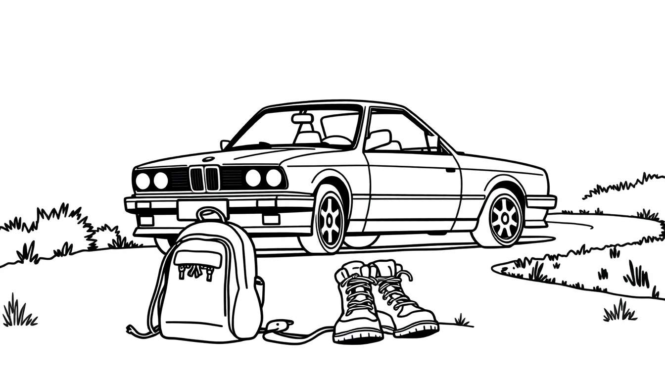 Placa de color con un coche BMW E30, mochila y botas de senderismo.