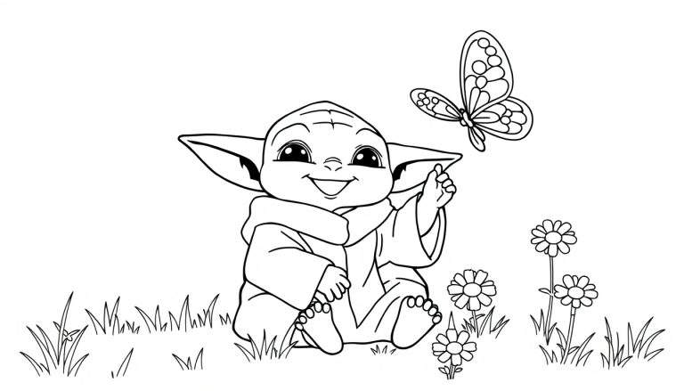 Una página de placa de color de Baby Yoda sonriendo y jugando con una mariposa.