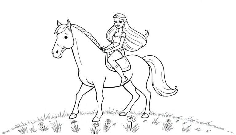 Dibujo de Barbie a caballo, listo para colorear.